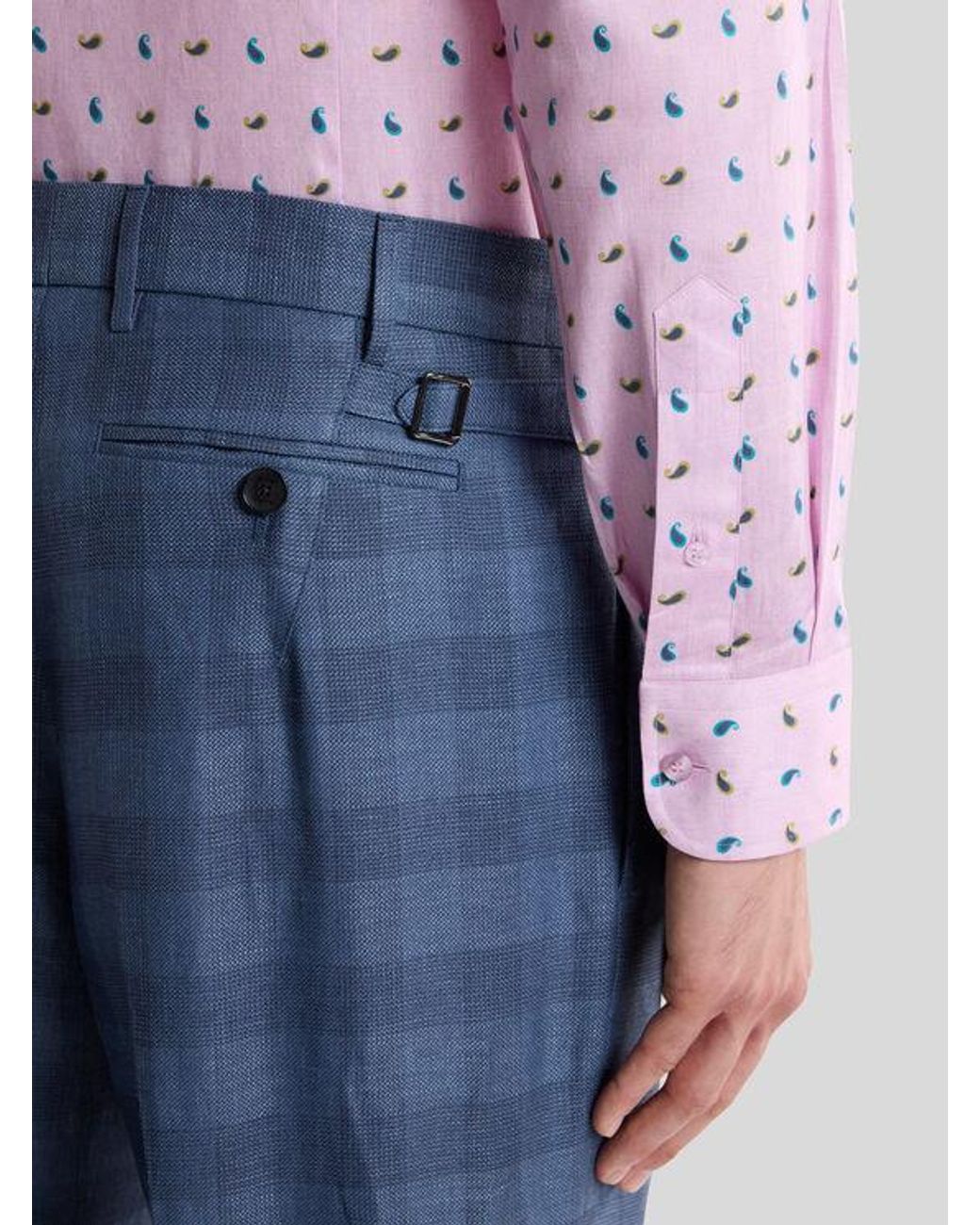 Etro Blue Linen-Blend Jacquard Trousers With Check Motif for men