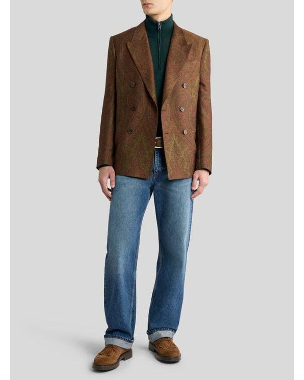 Etro Brown Double-Breasted Wool-Blend Jacquard Jacket With Paisley Motif for men