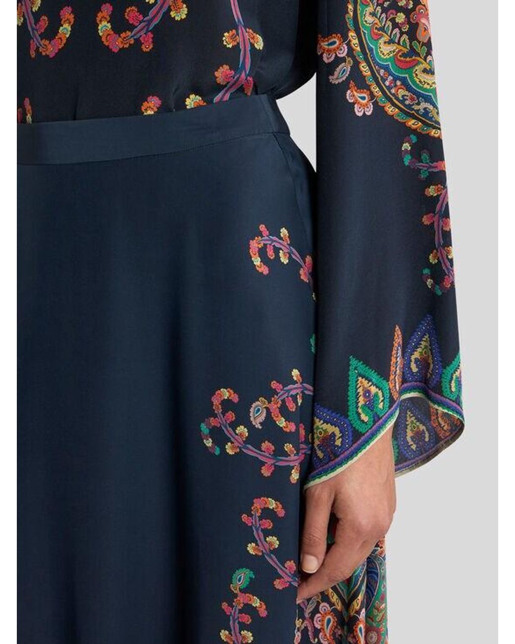Etro Blue Silk Maxi Skirt With Placed Floral Paisley Print