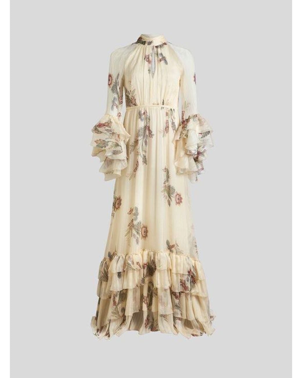 Etro Natural Long Printed Silk Crepon Dress