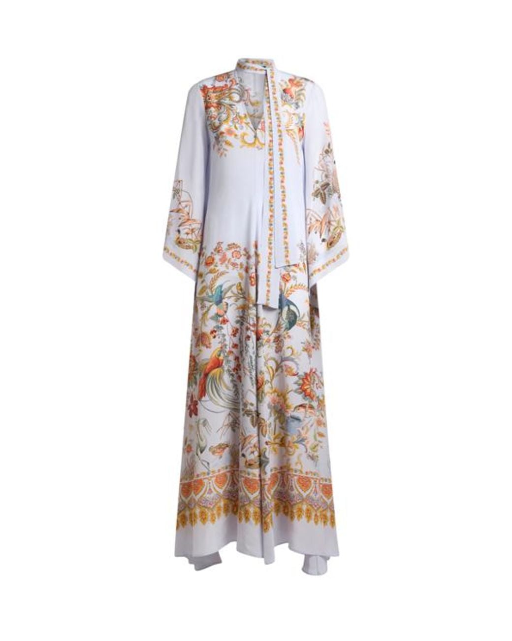 Etro White Long Silk Dress With Silk Scarf And Placed Flora And Fauna Print