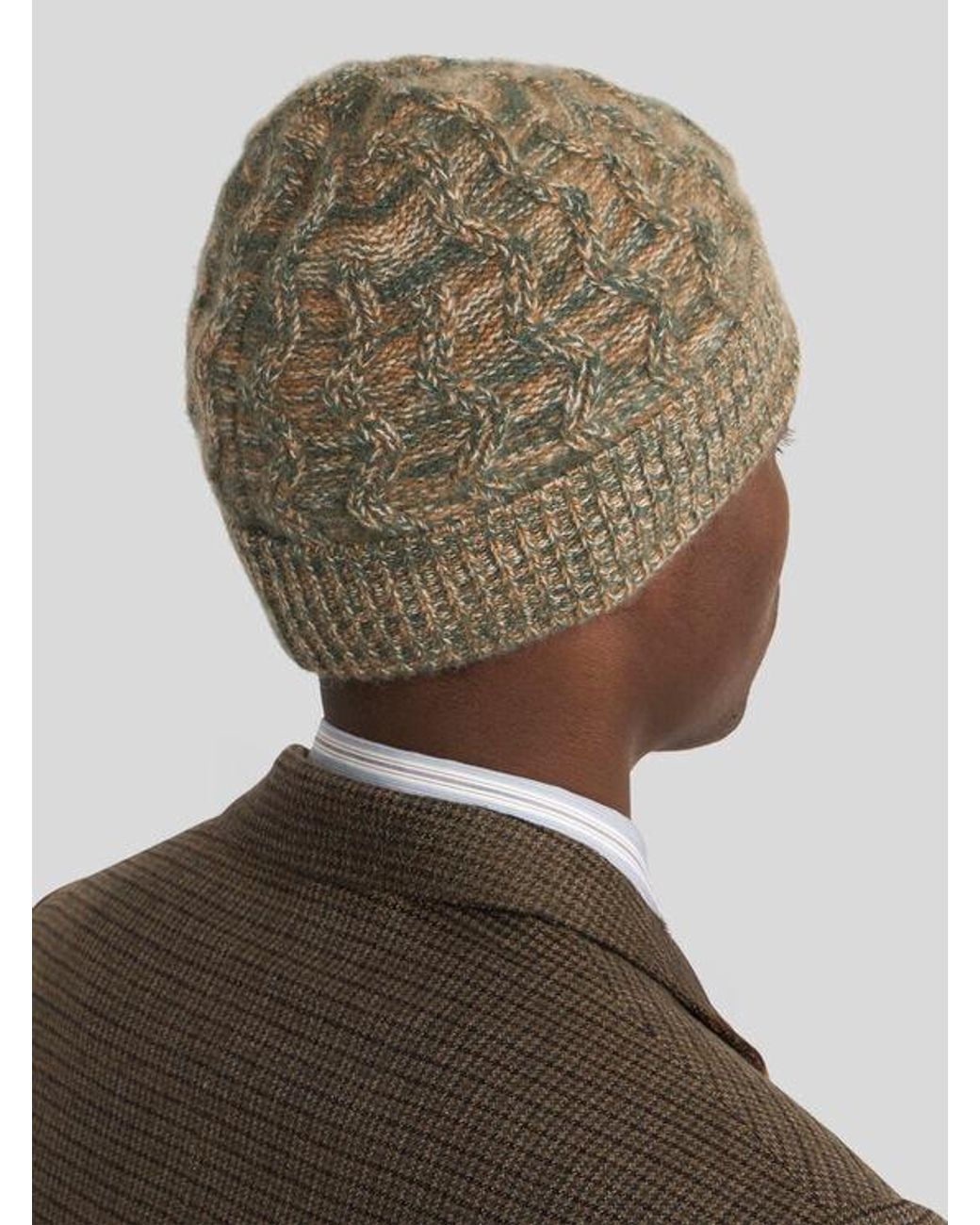 Etro Green Cashmere Beanie With Cable Detail And Pegaso Embroidery for men
