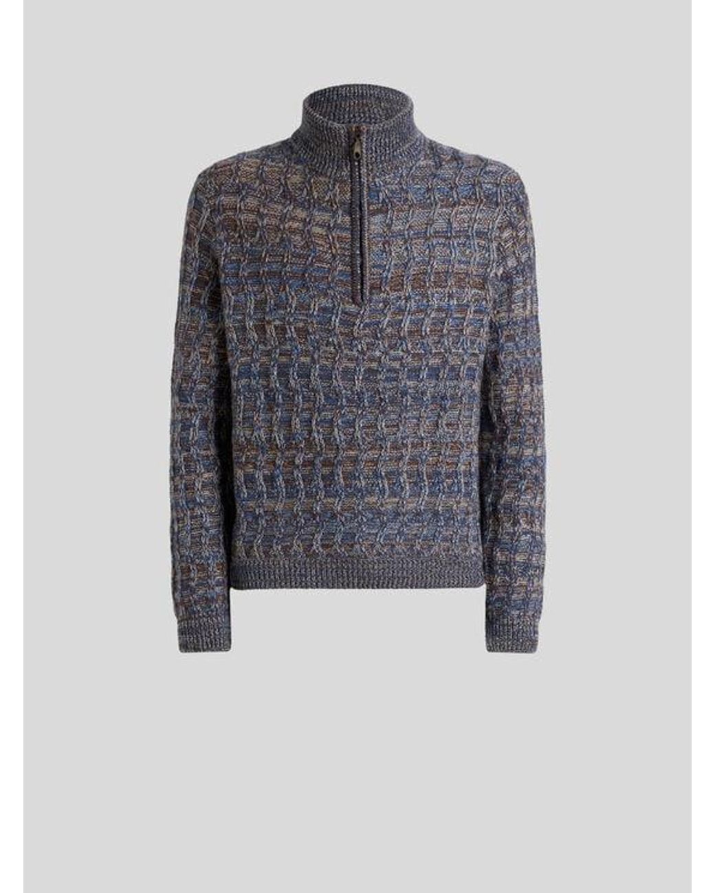 Etro Blue Cable-Knit Cashmere Sweater With Zip for men