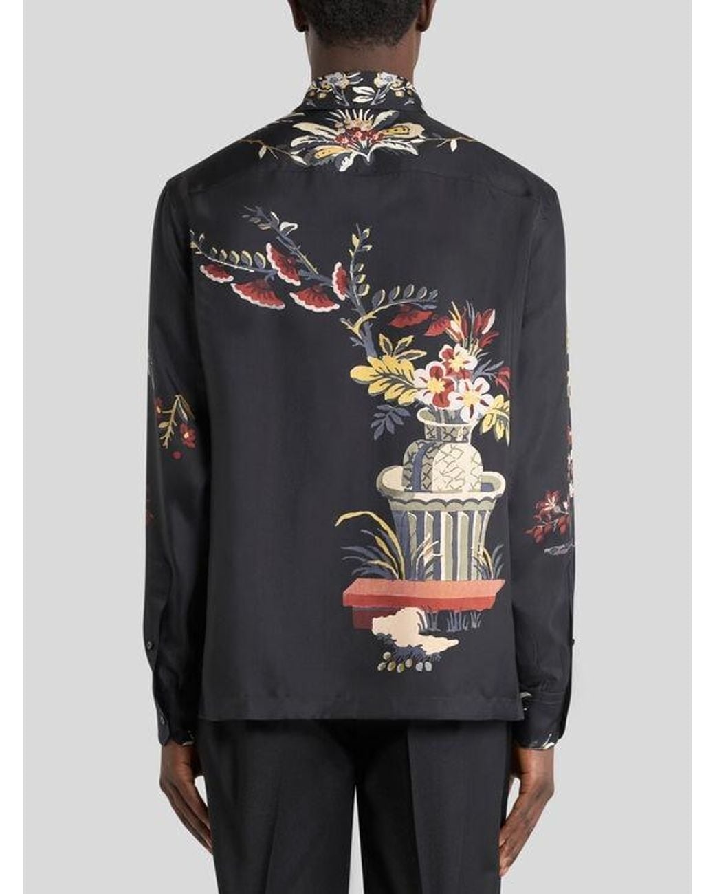 Etro Black Silk Twill Shirt With Placed Flower And Animal Print for men