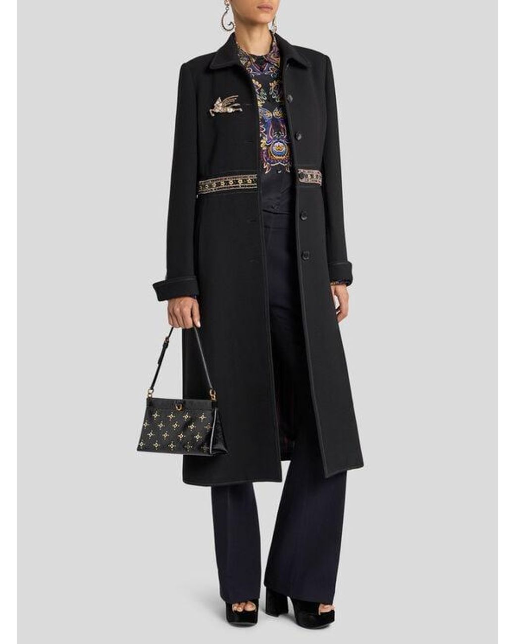 Etro Black Wool Coat With Jewel Embellishments