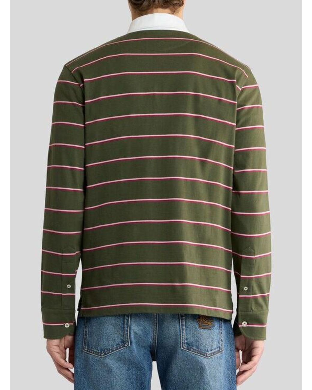 Etro Green Long-Sleeved Cotton Polo Shirt With Shirt Collar And Striped Motif for men