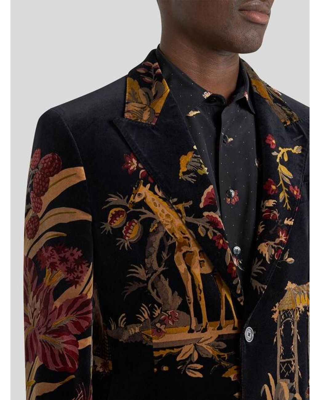 Etro Black Single-Breasted Cotton Velvet Jacket With Placed Flower And Animal Print for men