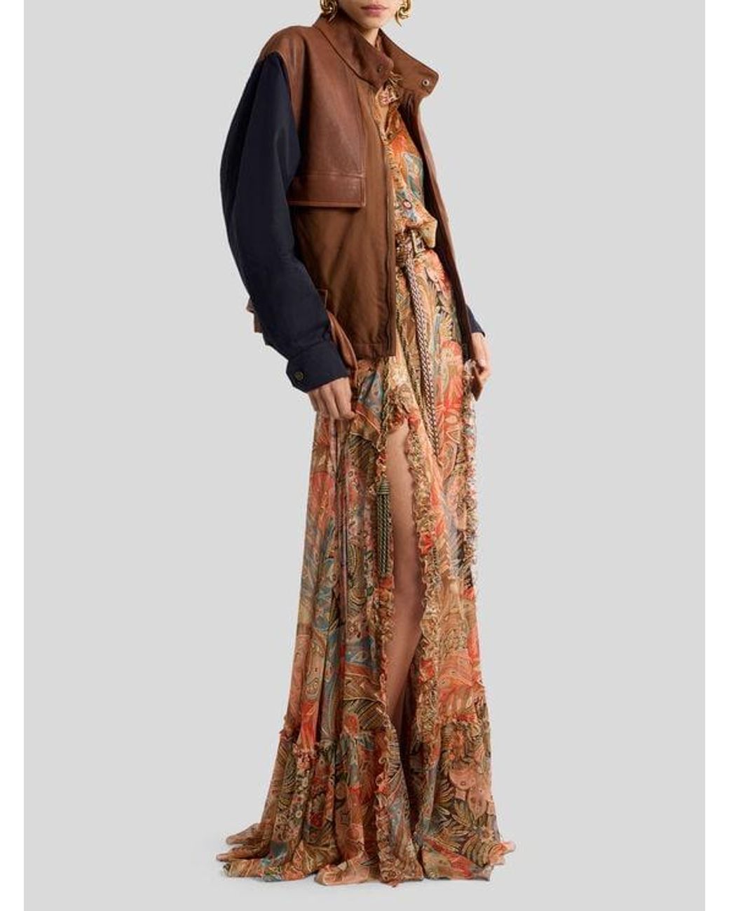 Etro Brown Padded Bomber Jacket With Contrasting Sleeves