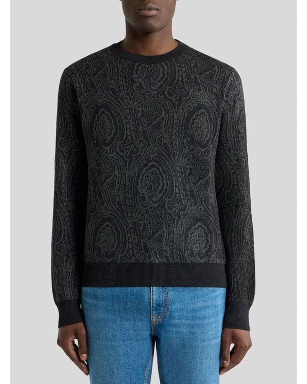 Etro Black Wool-Blend Jacquard Sweater With Arnica Motif for men