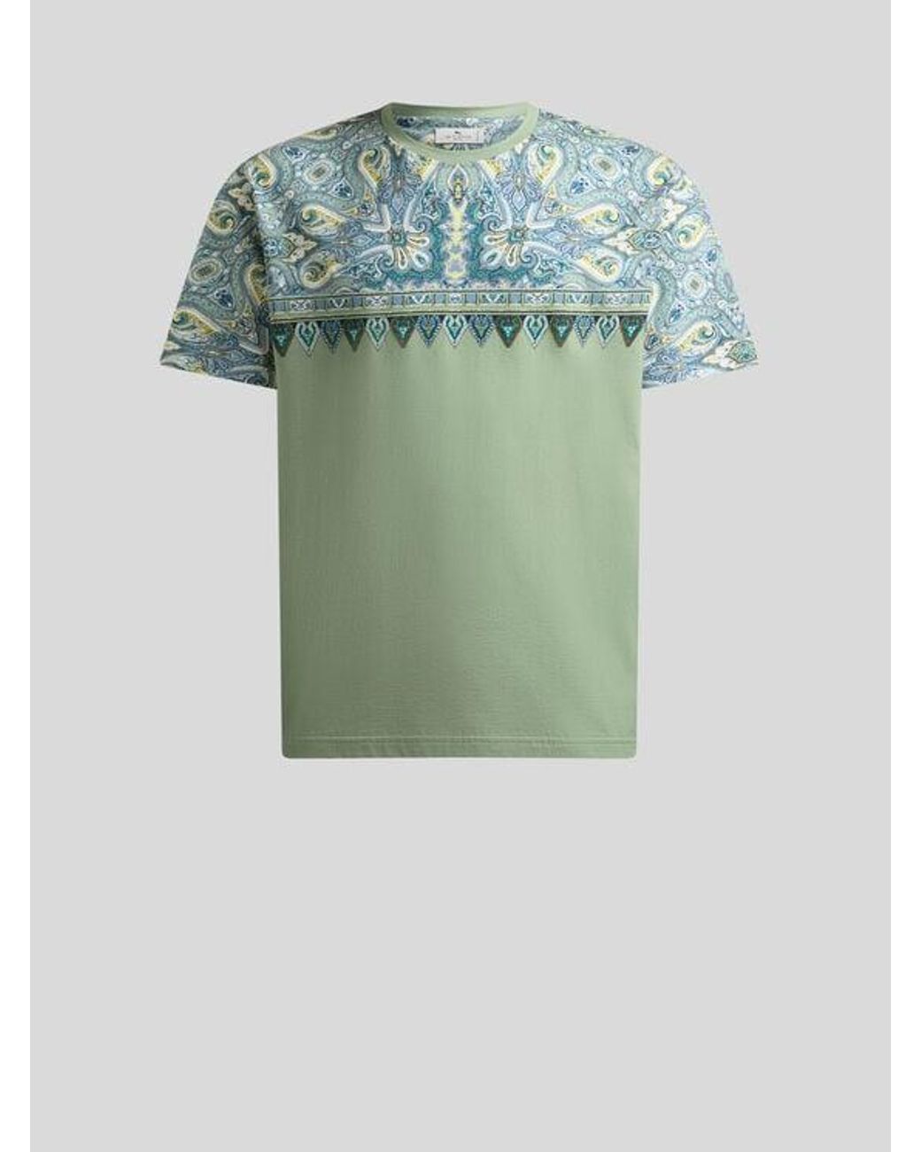 Etro Green Cotton T-Shirt With Placed Pocket-Square Paisley Print for men