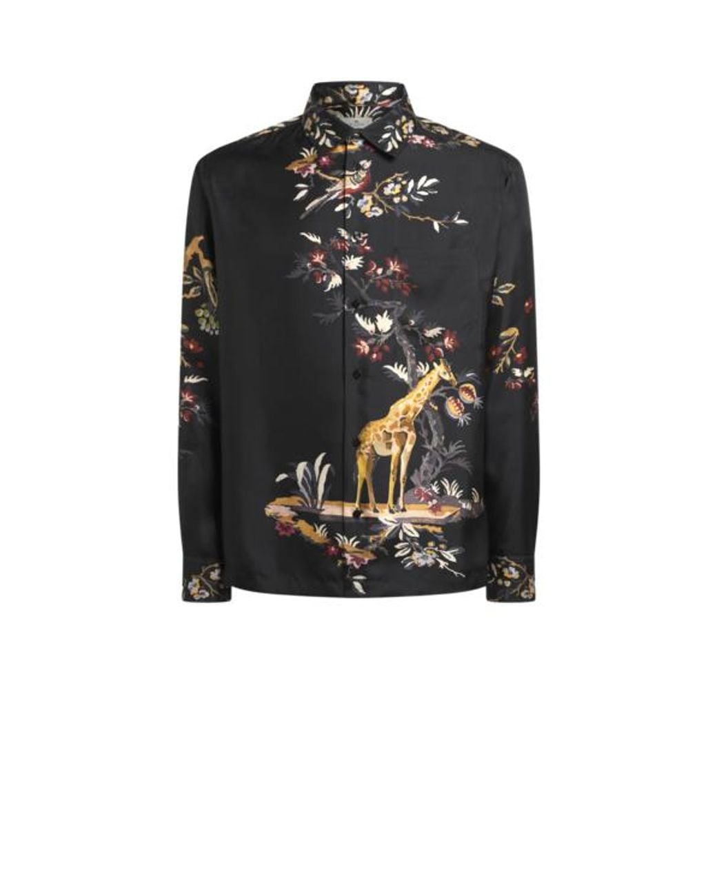 Etro Black Silk Twill Shirt With Placed Flower And Animal Print for men