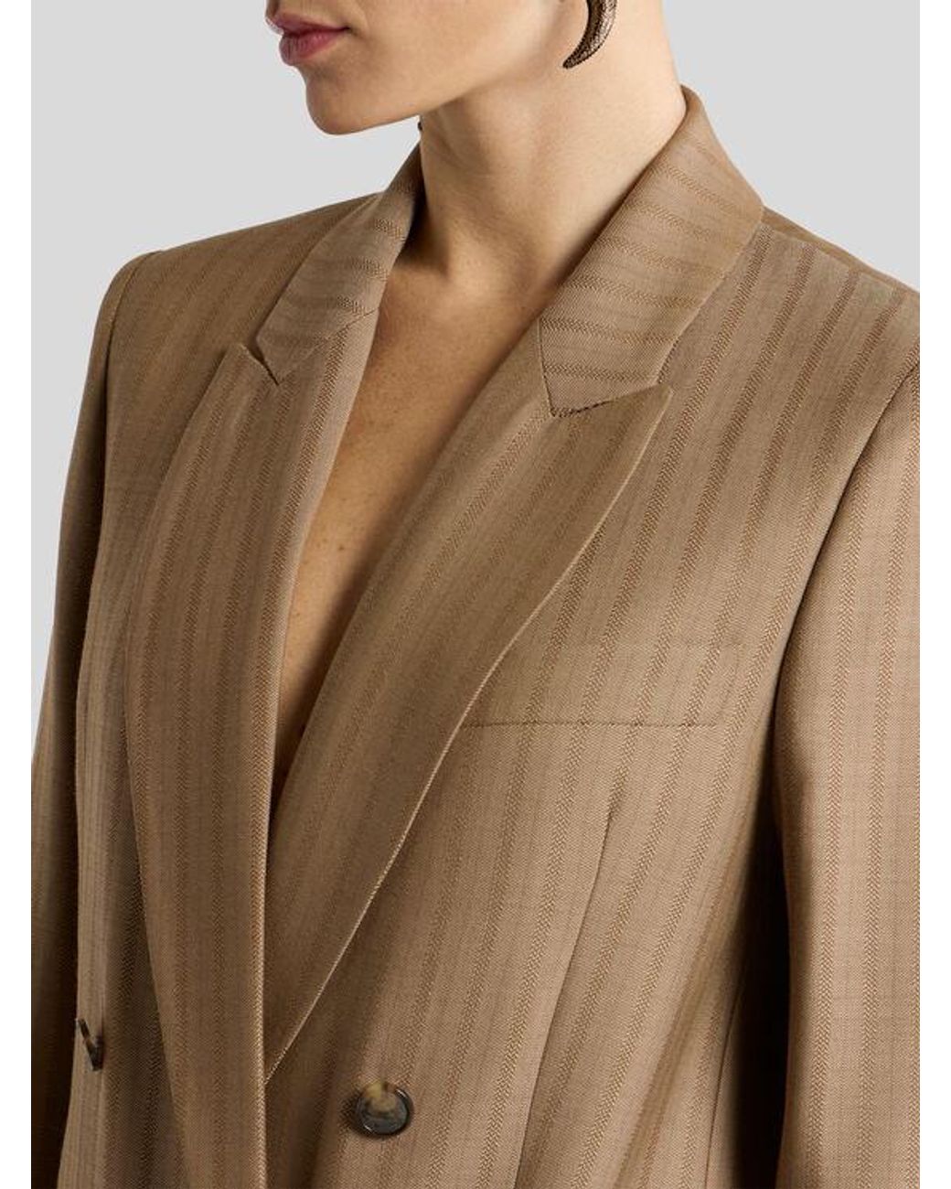 Etro Natural Double-Breasted Wool Jacquard Jacket With Striped Pattern