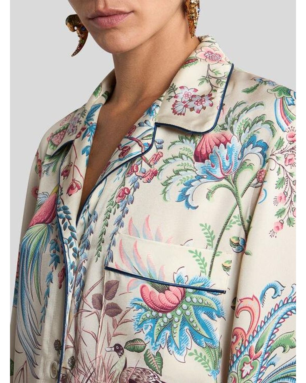 Etro White Twill Shirt With Placed Flora And Fauna Print