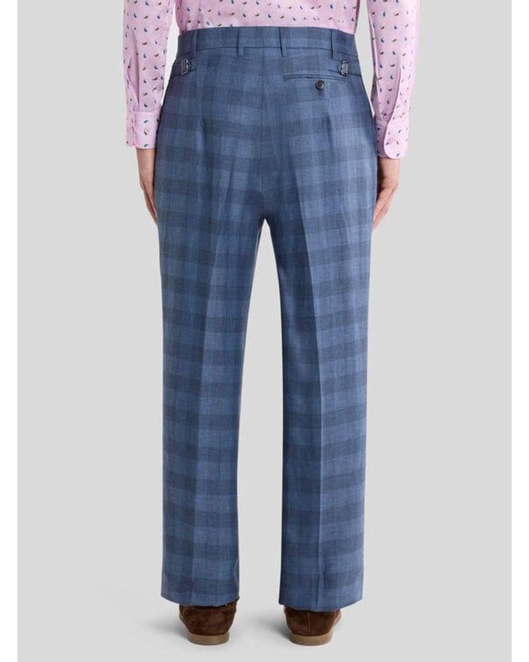 Etro Blue Linen-Blend Jacquard Trousers With Check Motif for men