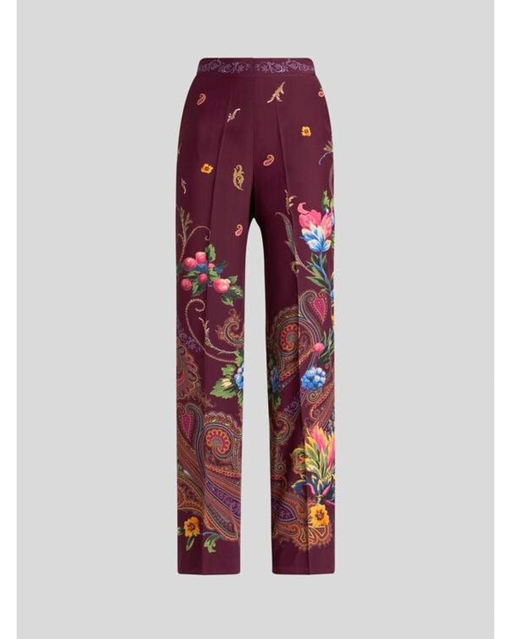 Etro Red Silk Trousers With Micro Motif And Placed Floral Paisley Print