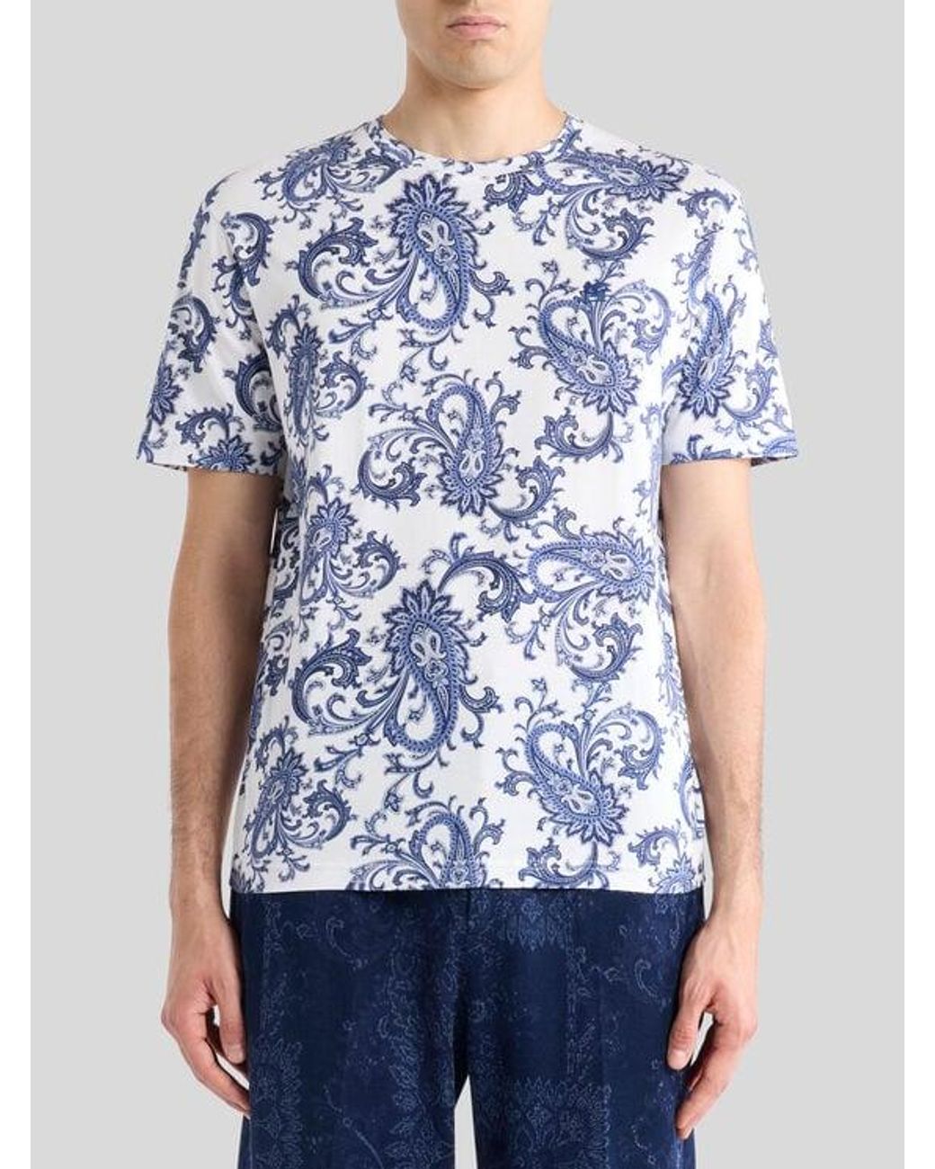Etro Blue Cotton T-Shirt With Leafy Paisley Motif for men