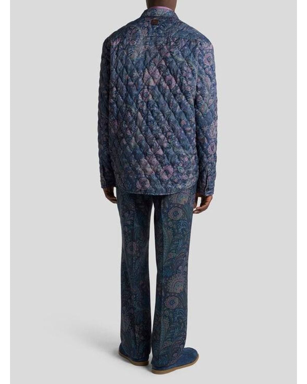 Etro Blue Quilted Overshirt With Floral Paisley Motif for men