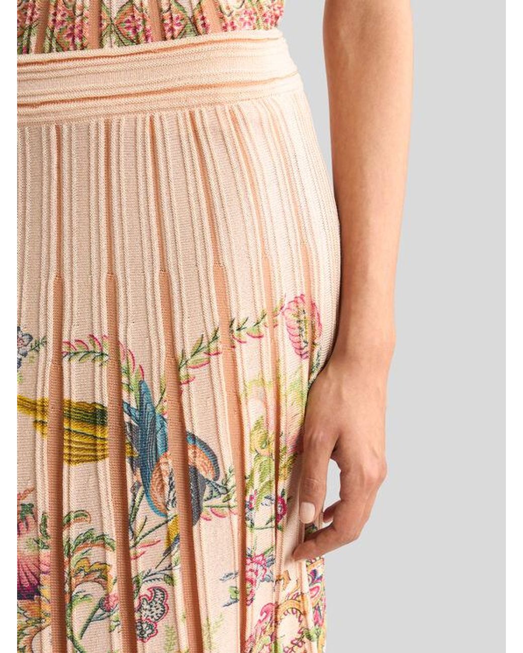 Etro White Pleated Cotton-Blend Midi Skirt With Placed Flora And Fauna Print