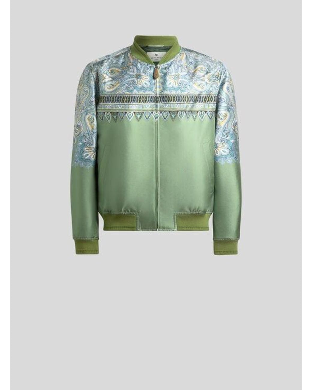 Etro Green Silk Bomber Jacket With Placed Pocket-Square Paisley Print for men