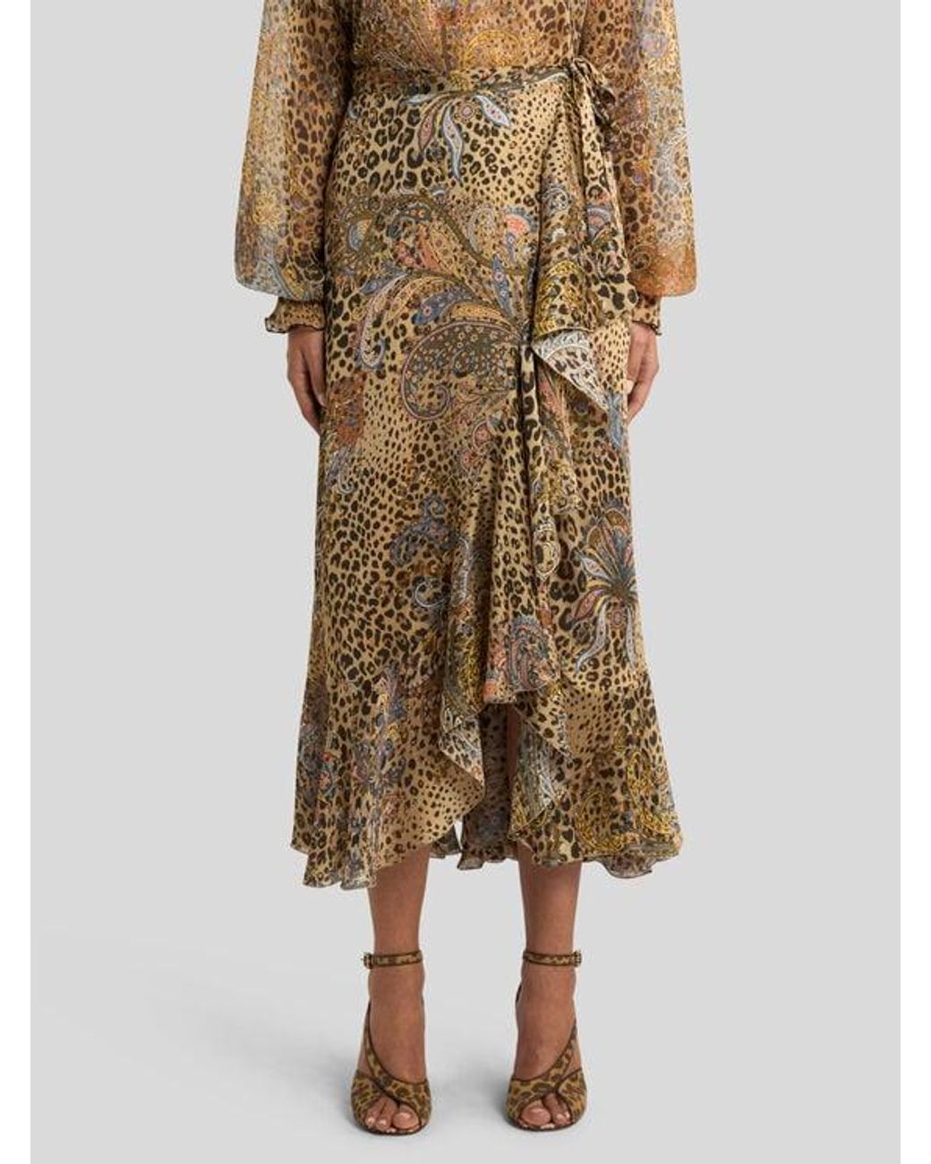 Etro Natural Peau D'Ange Silk Midi Wrap Skirt With Paisley And Animal Motif