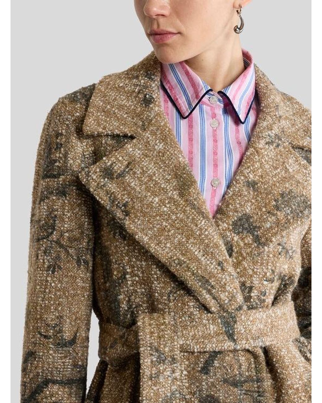 Etro Natural Bouclé Wrap Coat With Flower And Animal Motif