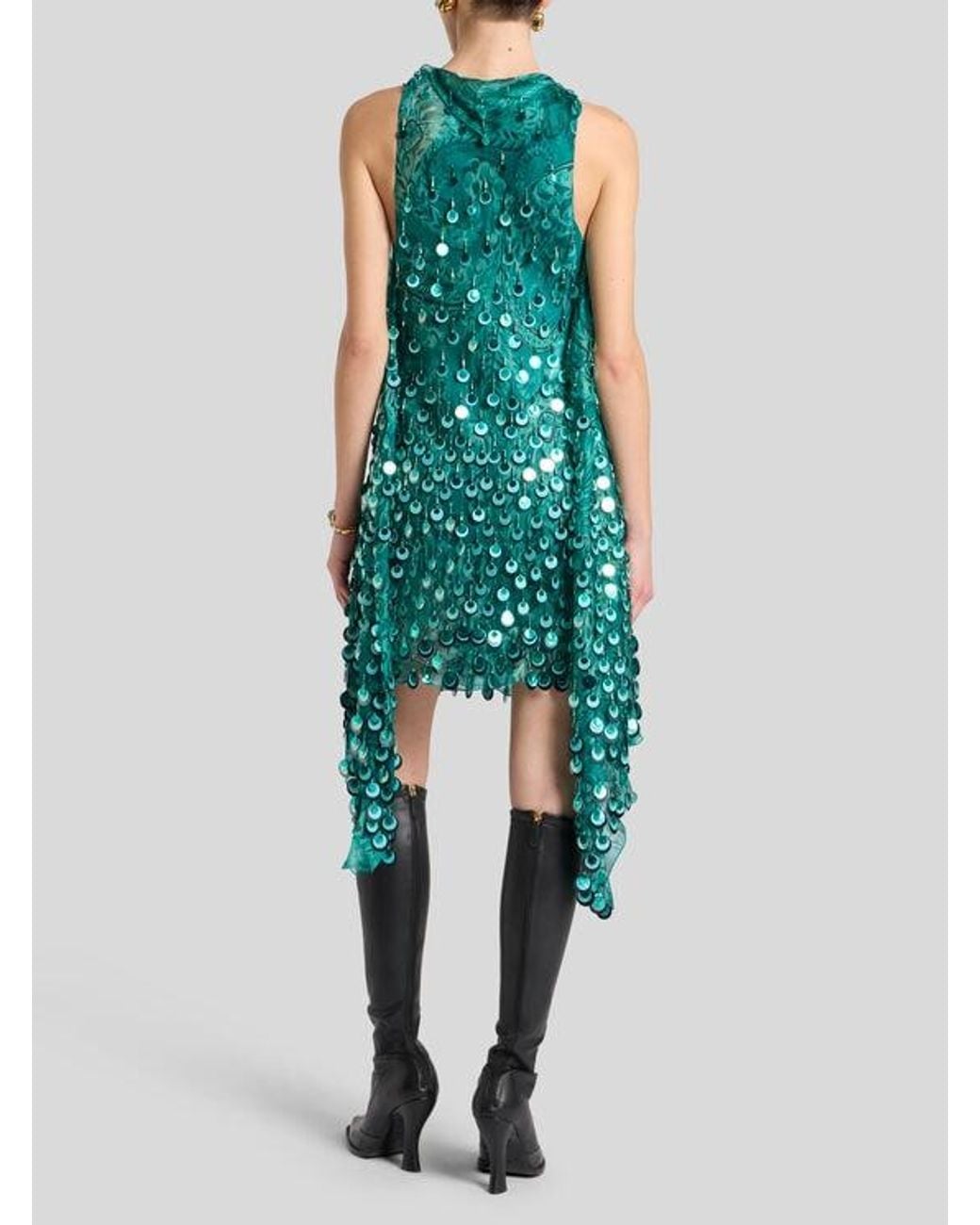 Etro Green Silk Mini Dress With Sequin Embroidery