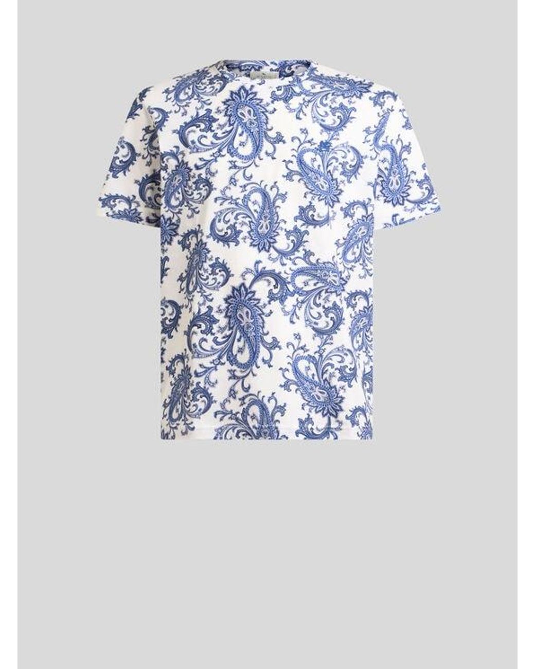 Etro Blue Cotton T-Shirt With Leafy Paisley Motif for men