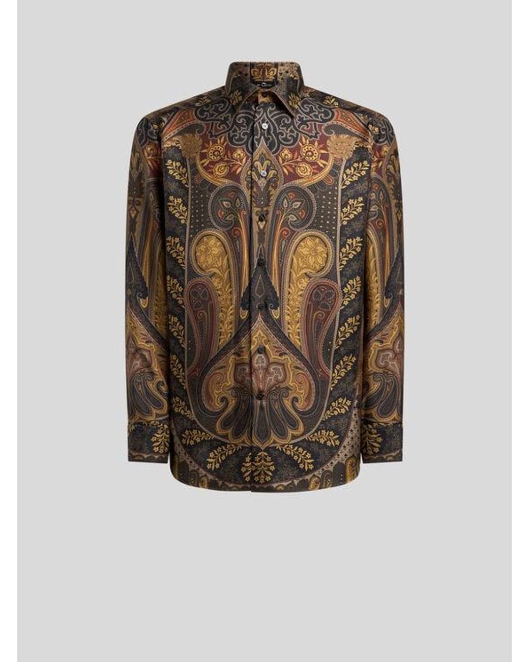 Etro Brown Silk Twill Shirt With Placed Paisley Print for men