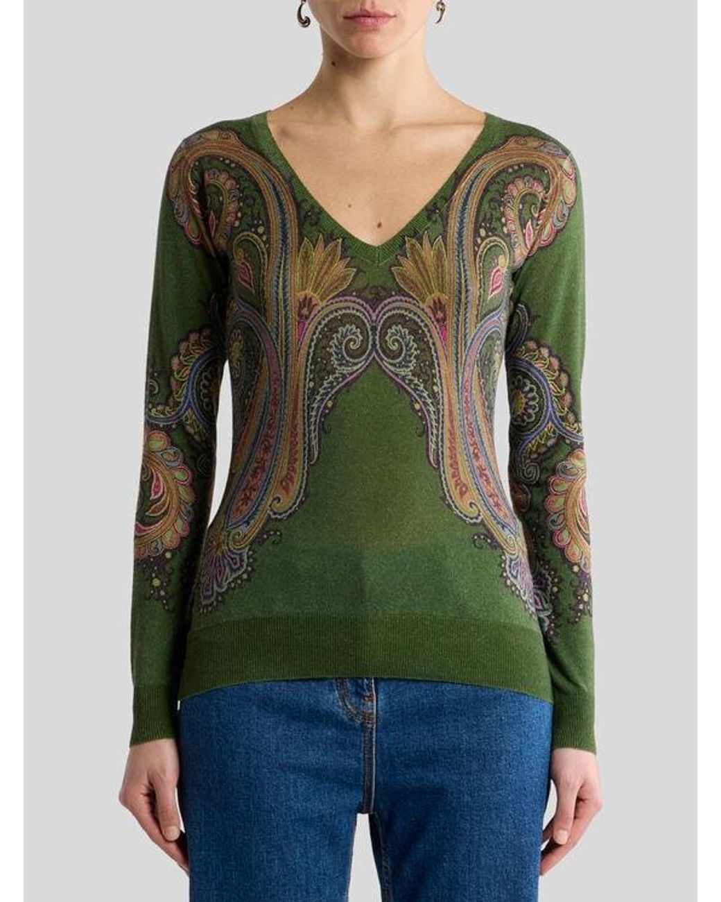 Etro Green Silk And Cashmere Sweater With V-Neck And Placed Paisley Print