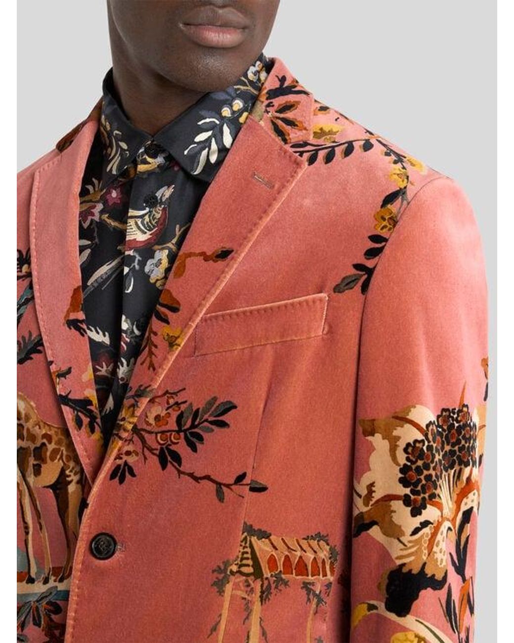 Etro Brown Single-Breasted Cotton Velvet Jacket With Placed Flower And Animal Print for men