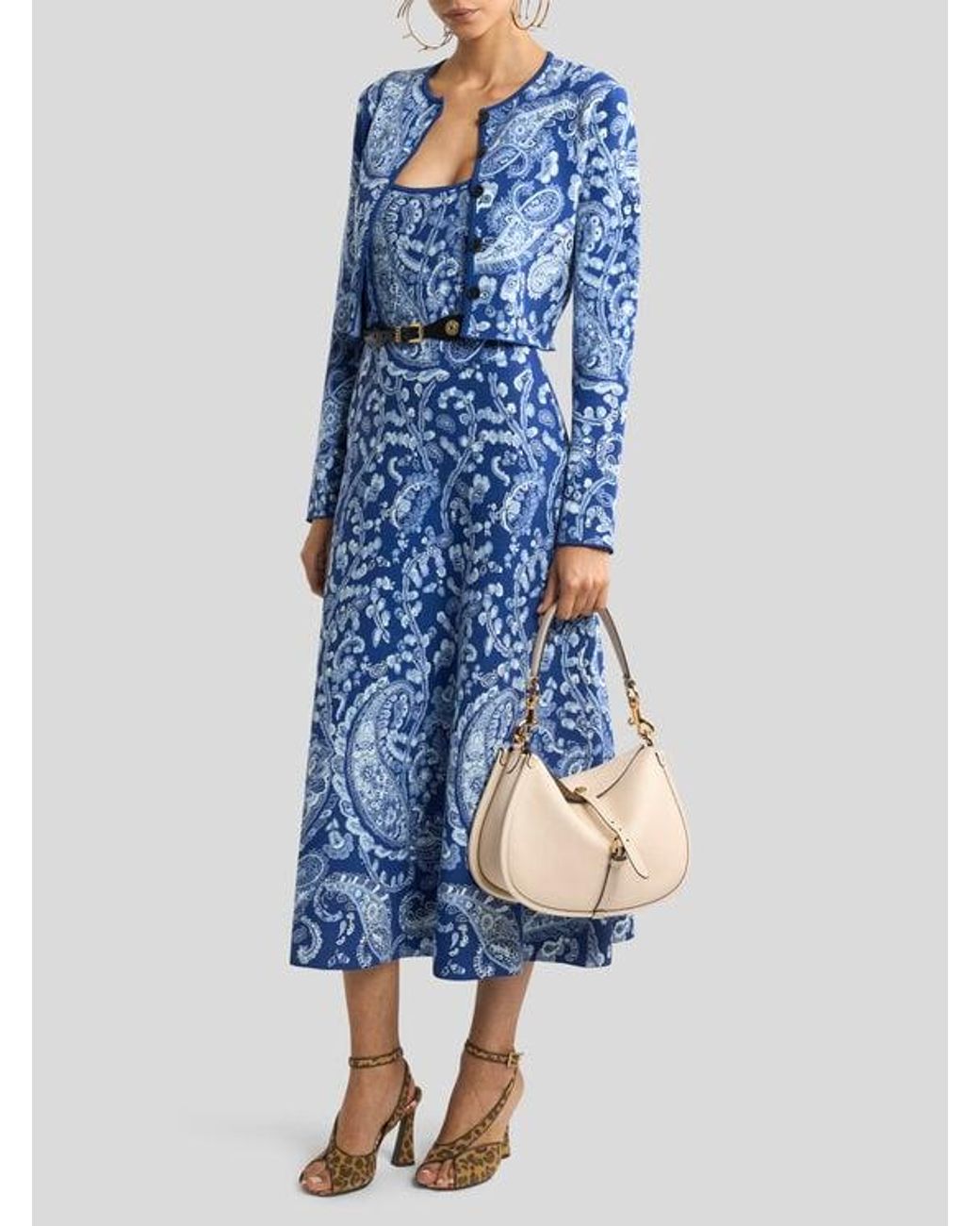 Etro Blue Jacquard Cropped Cardigan With Floral Paisley Motif