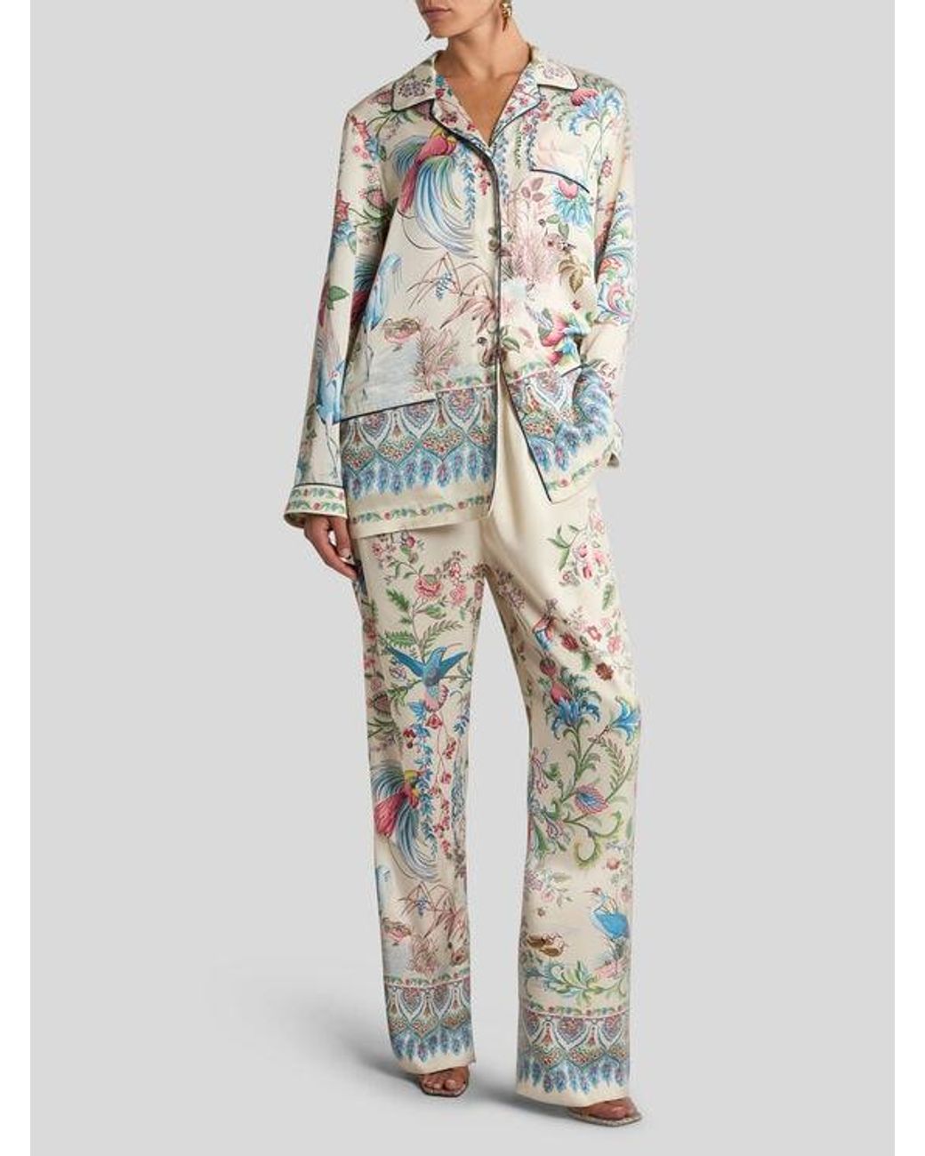 Etro White Twill Shirt With Placed Flora And Fauna Print