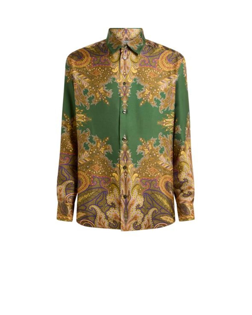 Etro Green Silk Twill Shirt With Placed Paisley Pochette Print for men