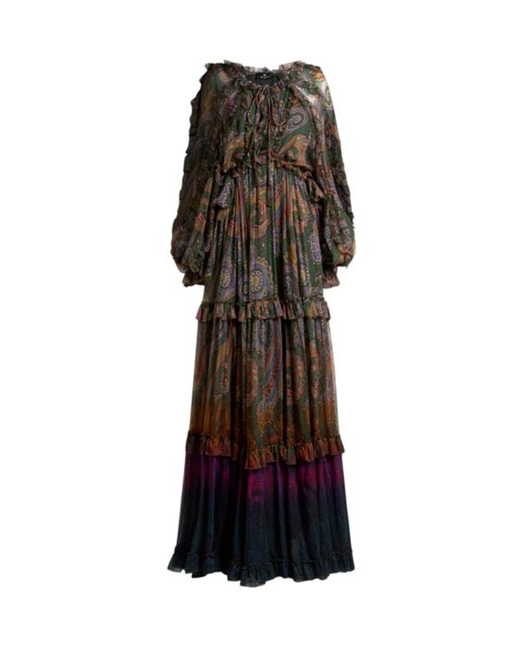 Etro Green Long Silk Dress With Ruffles And Placed Degradé Paisley Print