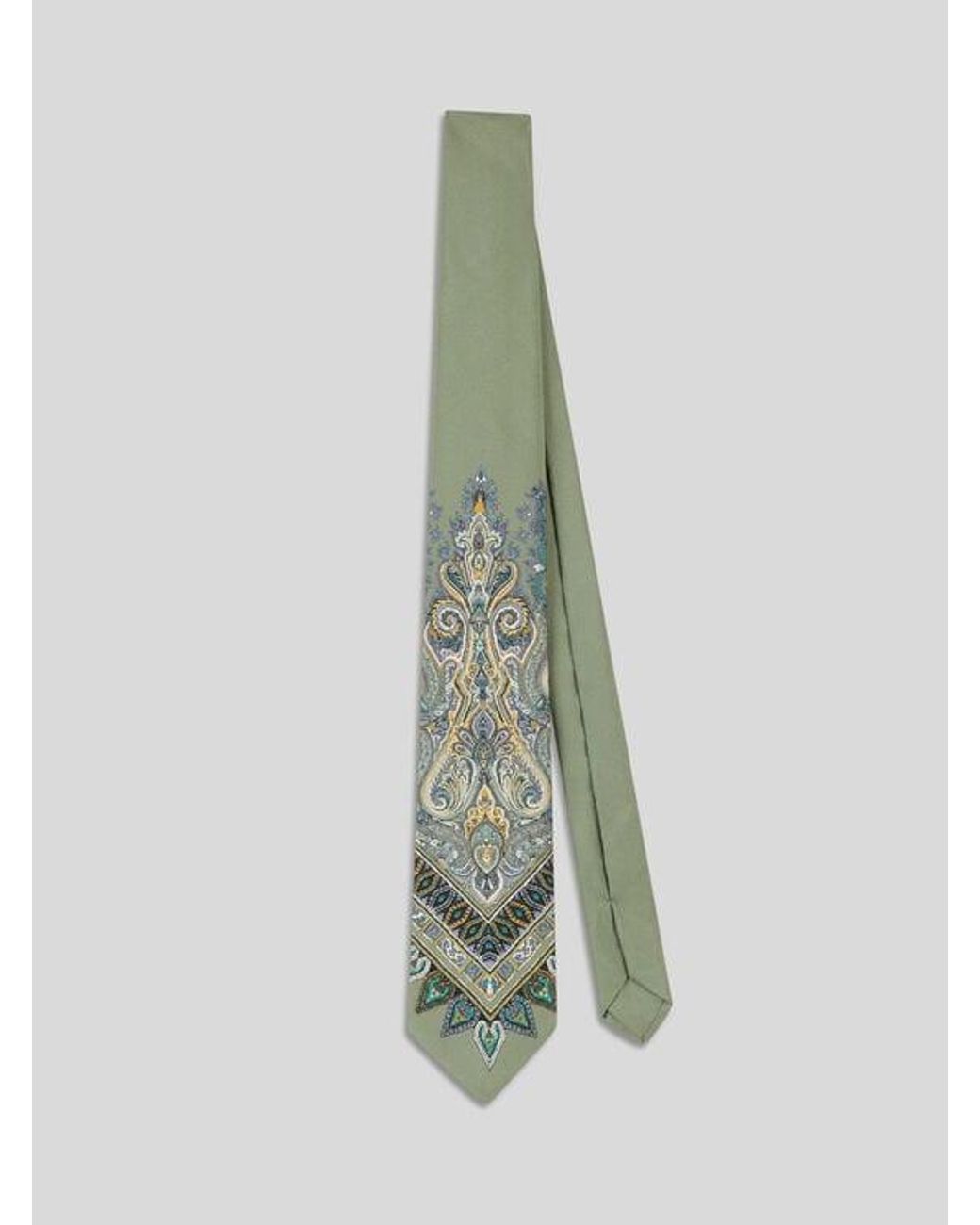 Etro Green Silk Tie With Placed Floral Paisley Print for men