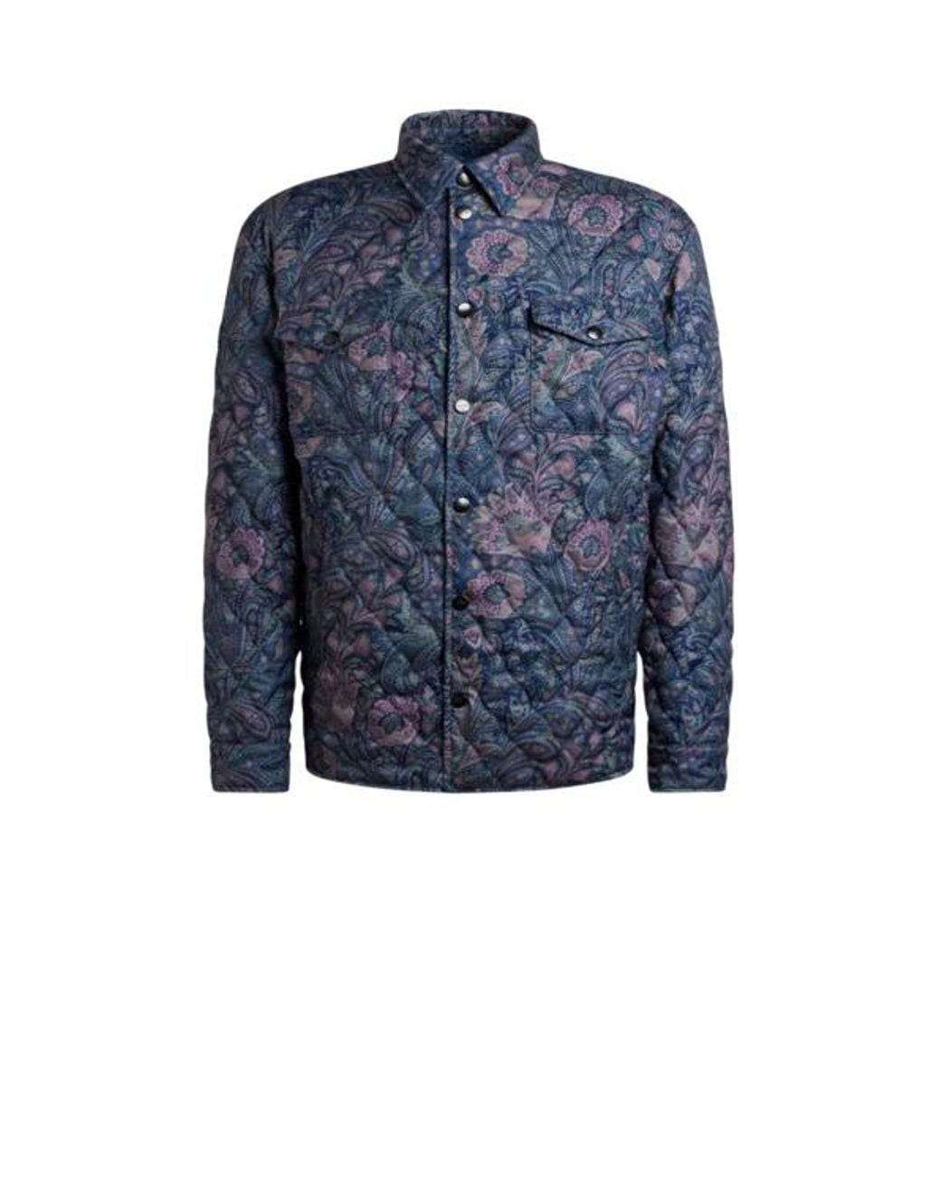 Etro Blue Quilted Overshirt With Floral Paisley Motif for men