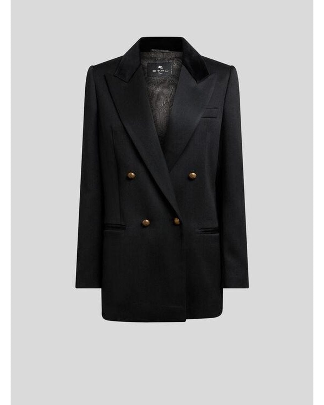 Etro Black Double-Breasted Wool Jacket With Velvet Insert