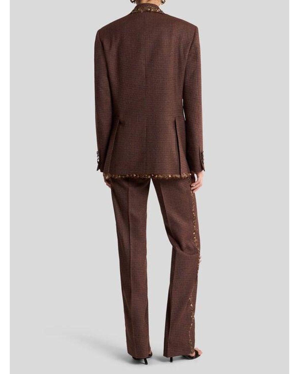 Etro Brown Single-Breasted Wool Jacket With Pheasant Feathers And Micro Houndstooth Motif
