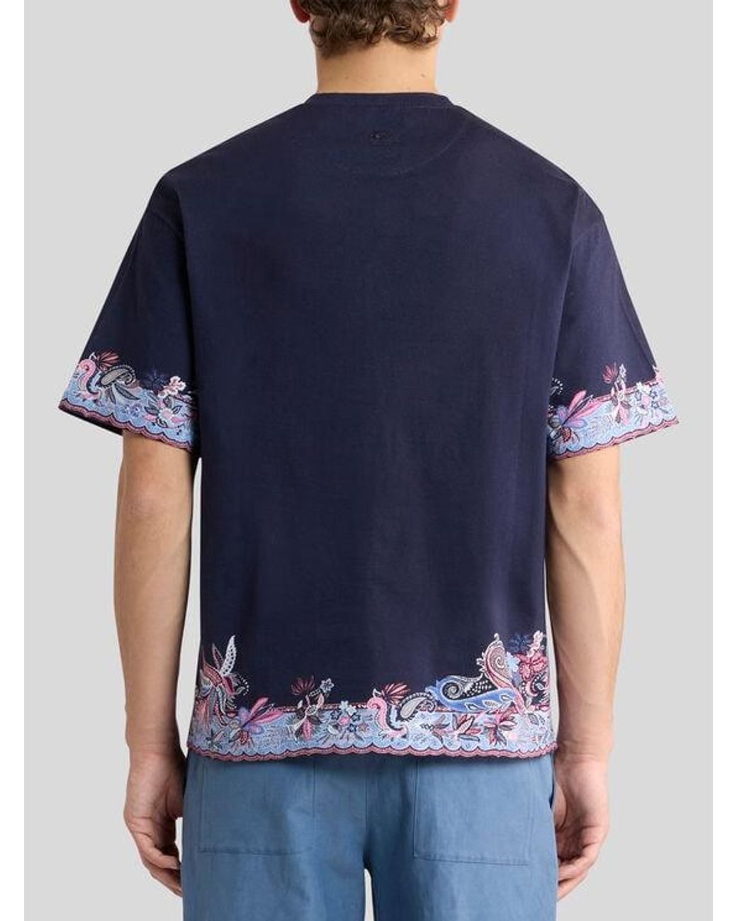 Etro Blue Cotton Jersey T-Shirt With Placed Paisley Print for men