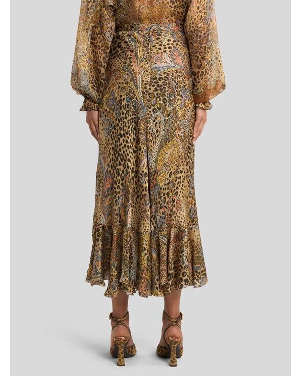 Etro Natural Peau D'Ange Silk Midi Wrap Skirt With Paisley And Animal Motif