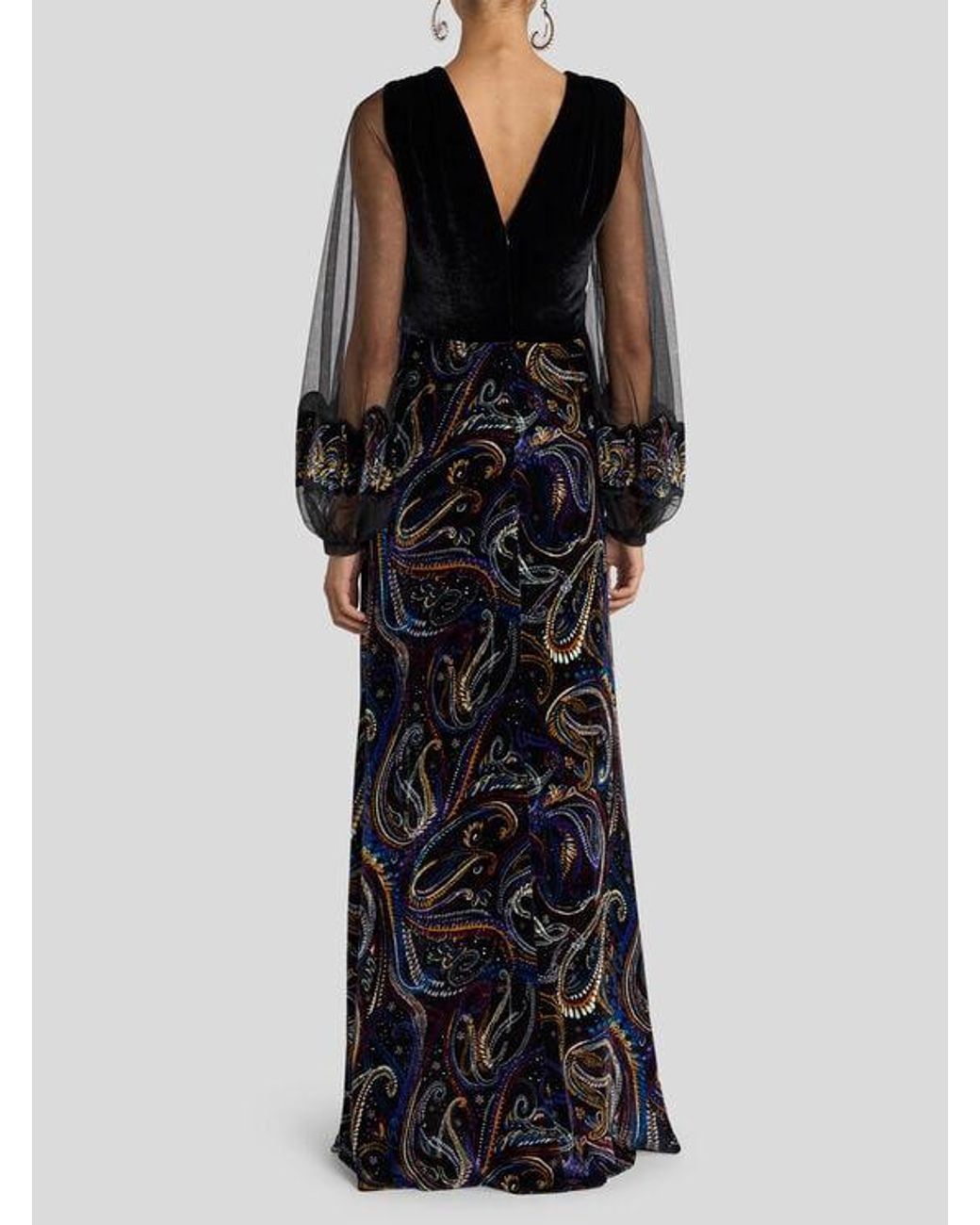Etro Black Long Velvet Dress With Paisley Foliage Motif