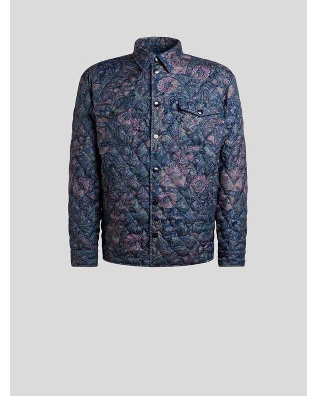 Etro Blue Quilted Overshirt With Floral Paisley Motif for men