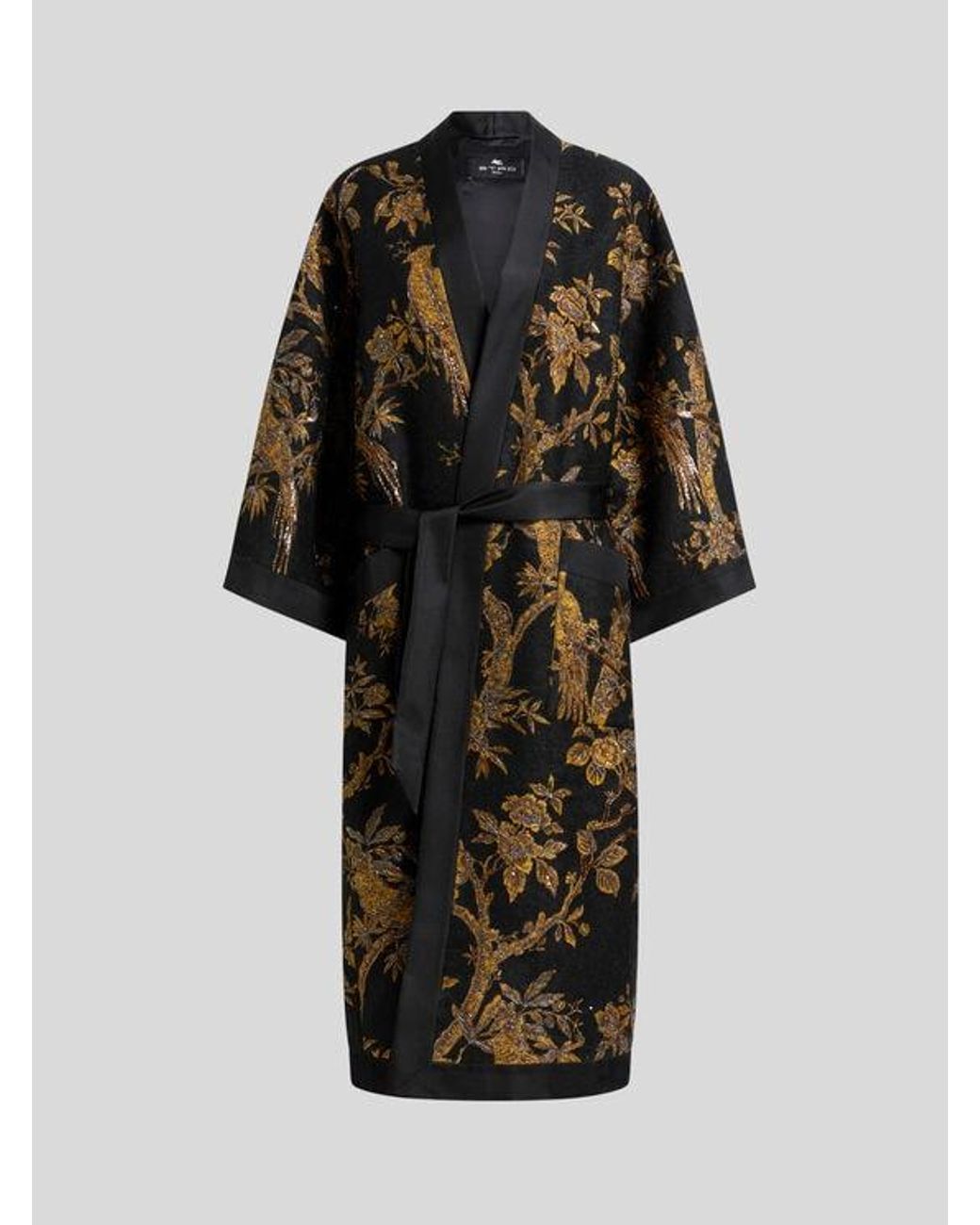 Etro Black Kimono Coat With Beads And Nature Embroidery