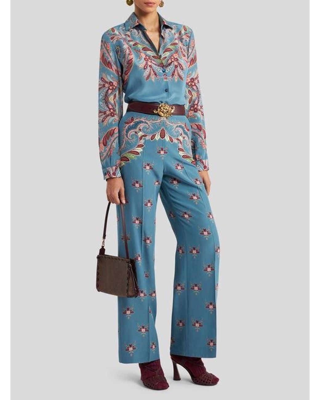 Etro Blue Silk Trousers With Placed Print