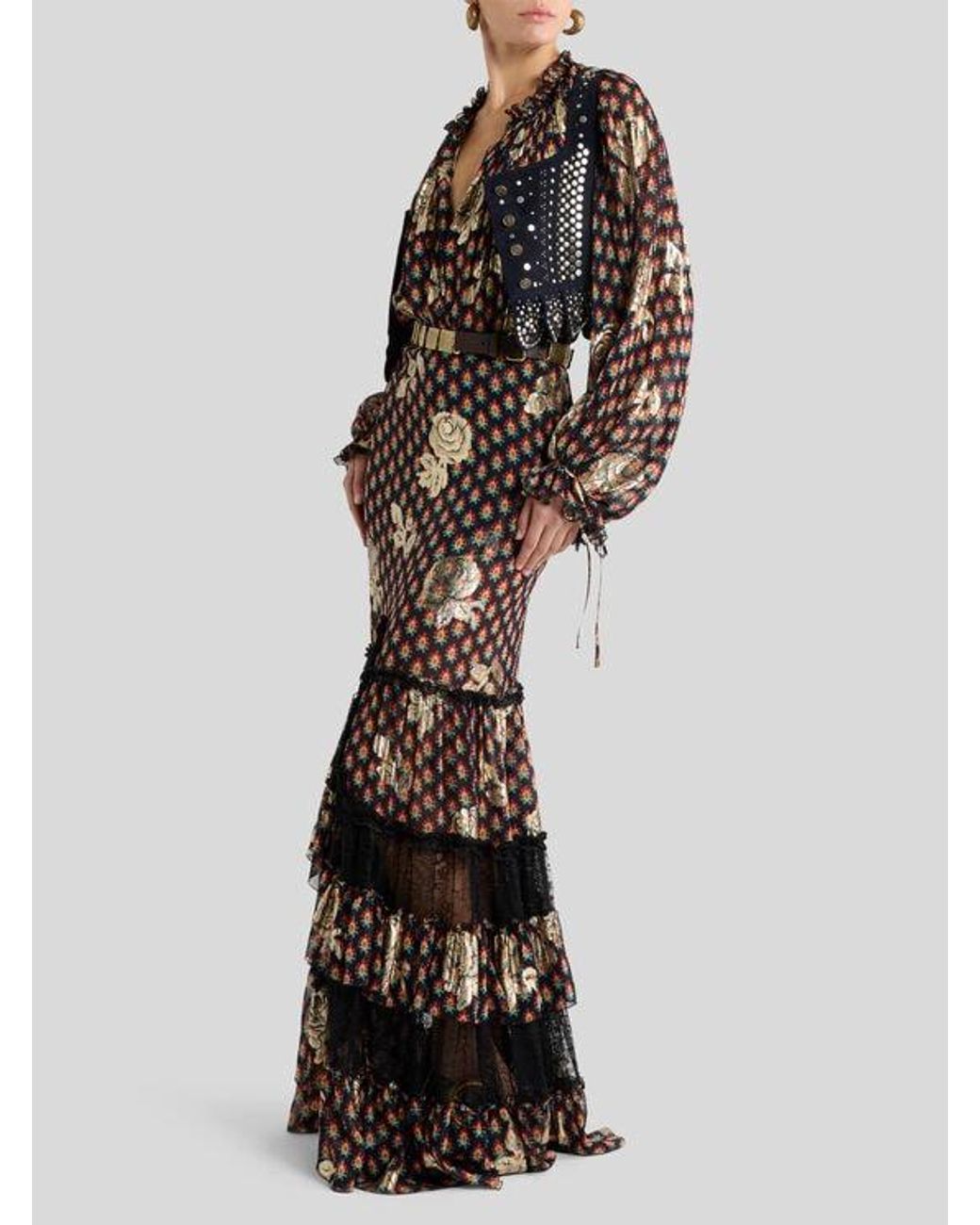 Etro Brown Silk Shirt With Fil Coupé Roses And Tie-Inspired Motif