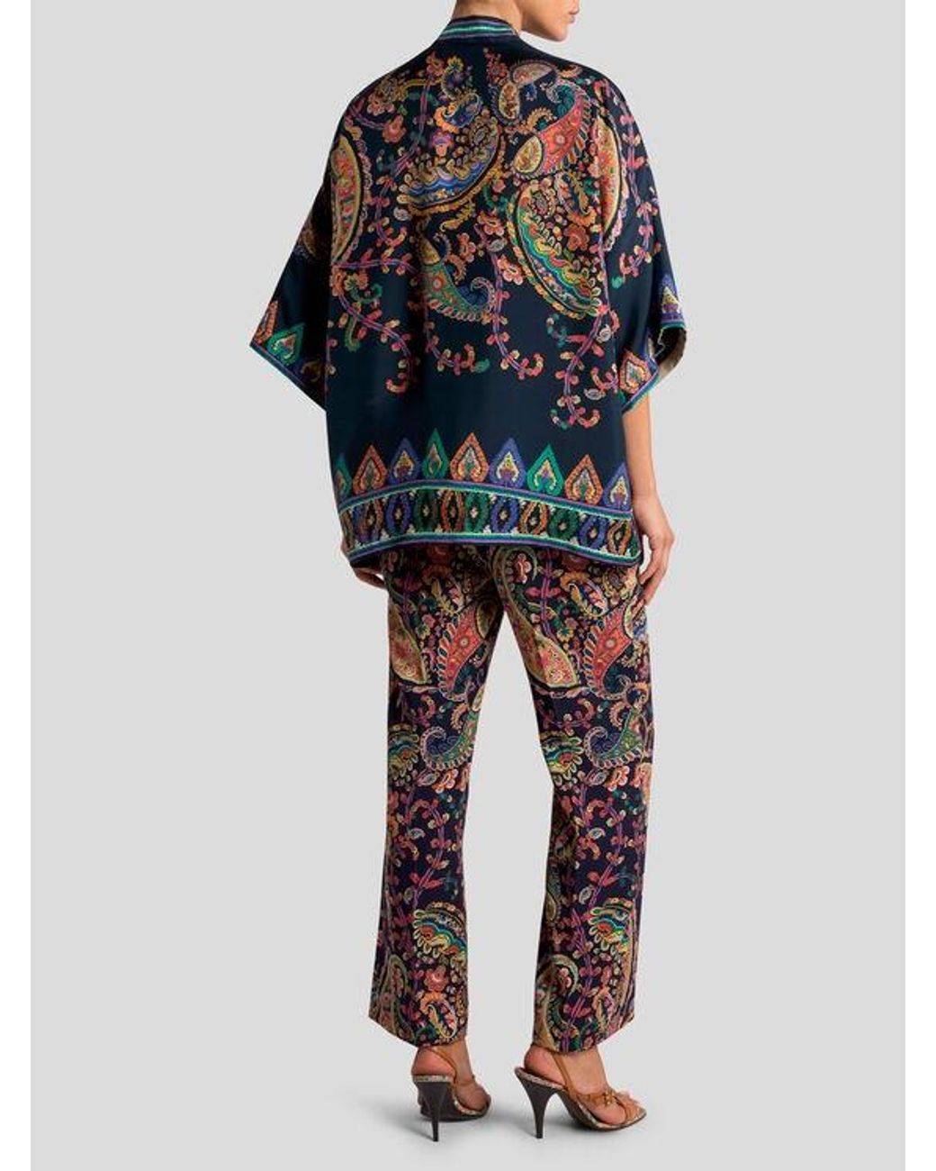 Etro Blue Silk Twill Kesa With Placed Floral Paisley Print