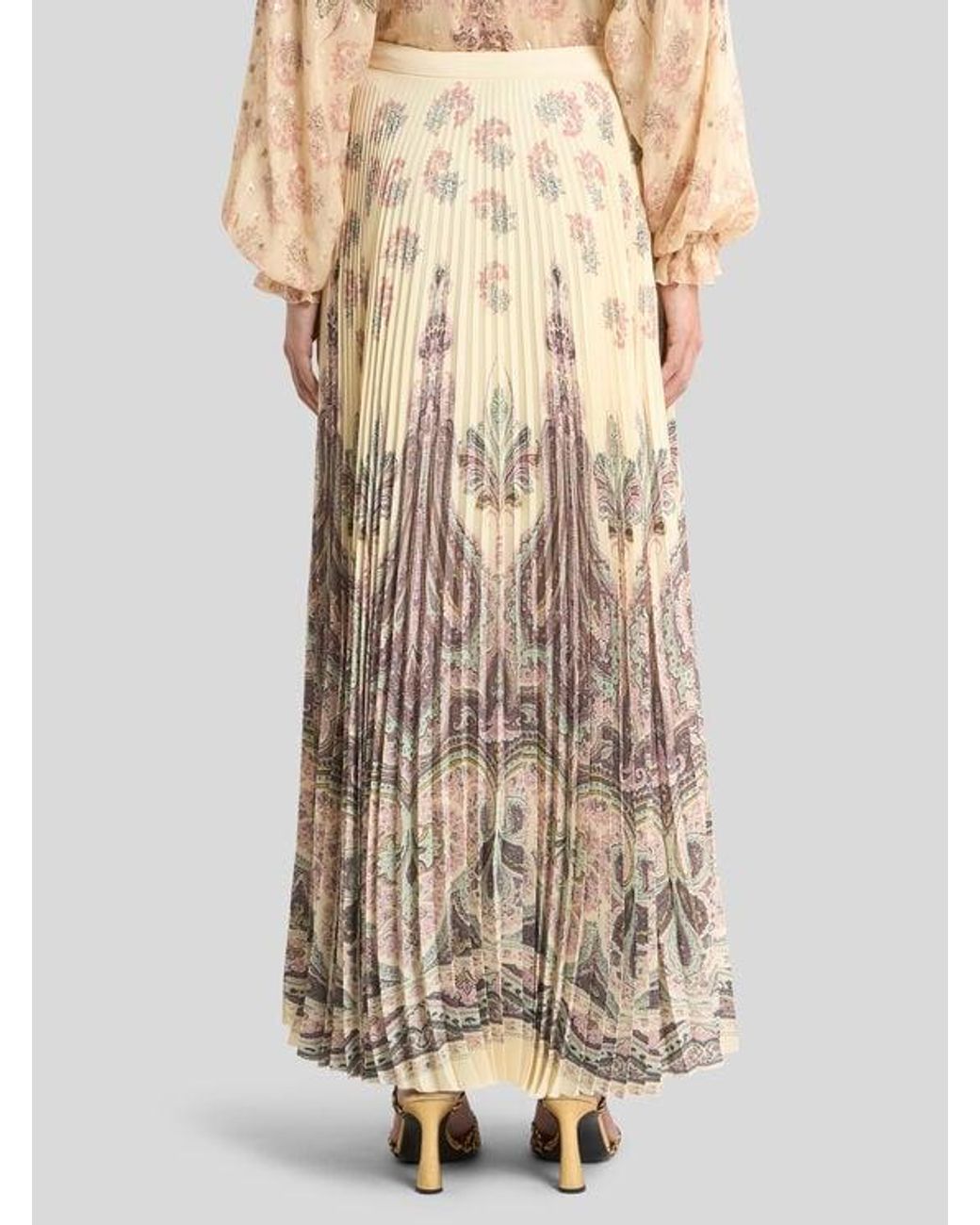 Etro Natural Pleated Maxi Skirt With Placed Print