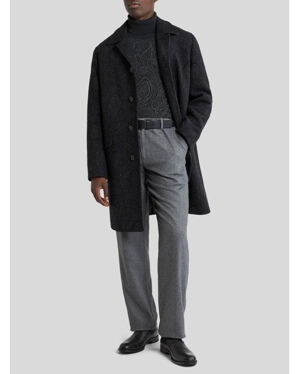 Etro Black Wool And Cashmere Jacquard Coat With Arnica Motif for men