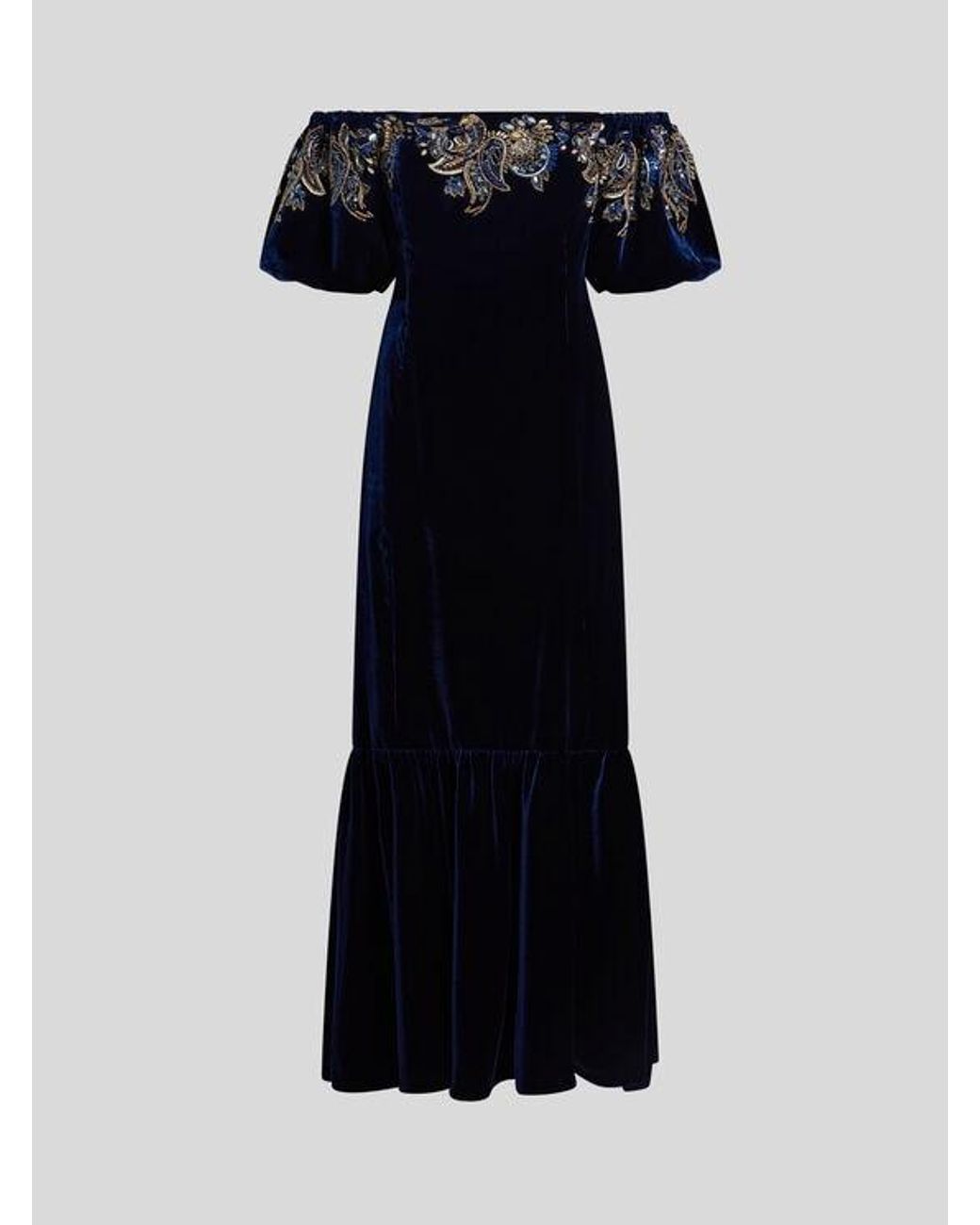 Etro Black Long Velvet Dress With Paisley Foliage Embroidery