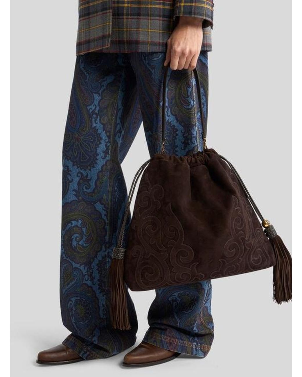 Etro Brown Large Suede Kalispera Bag With Patch And Tassels